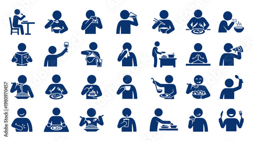 Collection of blue icons depicting people eating and drinking in various settings and poses, illustrating dining and lifestyle activities
