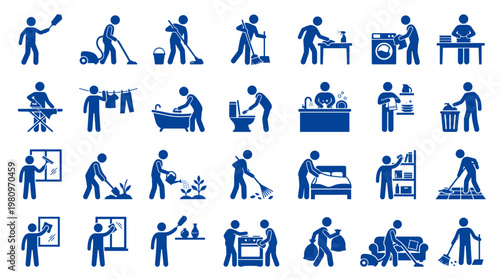 Collection of blue pictogram icons representing various household chores and cleaning activities for a tidy home and healthy living