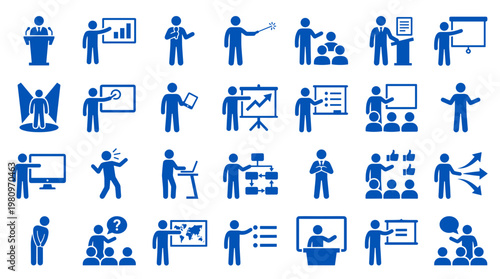 Collection of blue icons representing business presentations training and public speaking concepts with diverse scenarios and actions