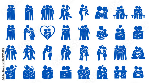 Collection of blue pictogram icons representing hugs and affection between people diverse relationships family friends couples love support connection togetherness
