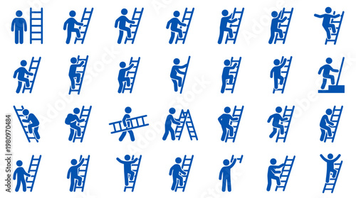 Collection of blue stick figure icons representing people climbing and using ladders symbolizing progress success teamwork and challenges in business and life