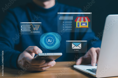 AI Business Automation on Smartphone – E-commerce, Email Marketing and Online Store Management Technology Concept