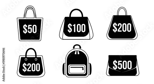 Shopping bags with increasing dollar amounts for sales and promotions illustration