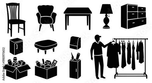 flat lay home office furniture and clothing sale collection with shopper silhouette