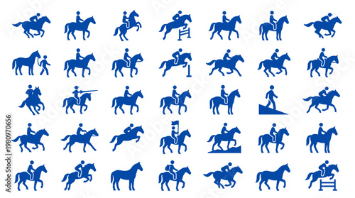 Collection of blue equestrian silhouette icons representing various horse riding disciplines and activities in a clean, modern graphic style