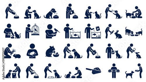 Collection of icons depicting people feeding and caring for various pets including dogs cats rabbits hamsters and birds