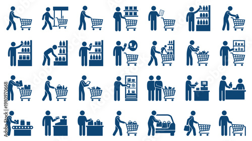 Diverse shopping scenarios depicted through blue icons representing people buying groceries and goods in a supermarket and retail environment