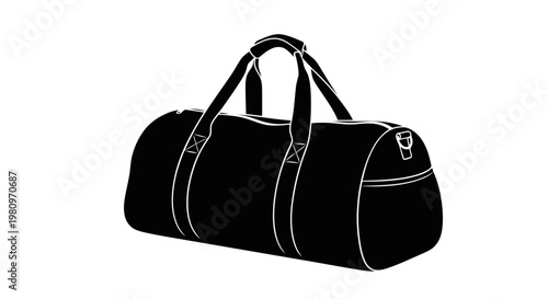 Black leather duffel bag with dual handles and white stitching on white background
