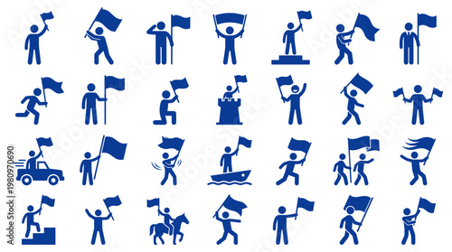 Collection of diverse blue stick figure icons representing victory achievement leadership and celebration with flags in various scenarios