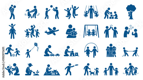 Diverse family activities and childhood moments depicted in blue stick figure icons representing play learning and togetherness