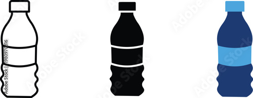 Plastic water bottle icons in three styles, mineral water bottle vector set, flat blue and black liquid container symbols for hydration