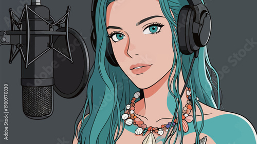 Woman with Turquoise Hair in Front of Microphone
