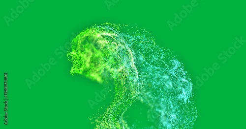 Animation of green and blue smoke trail with particles on white background