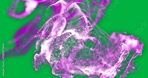 Animation of purple smoke trail with particles flowing on white background