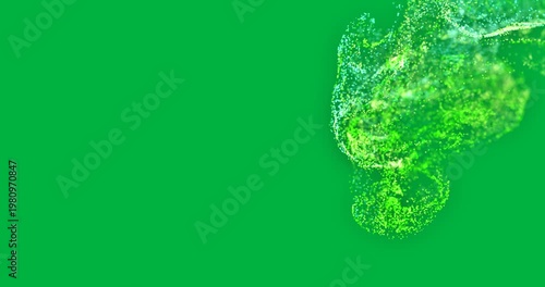 Animation of green and blue smoke trail with particles on white background