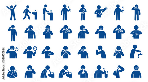 Collection of blue icons depicting various personal hygiene and dental care actions for healthy teeth and mouth cleanliness