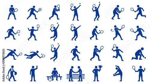 Collection of blue tennis player icons showing various actions and poses during a match and practice, representing sport and fitness activities