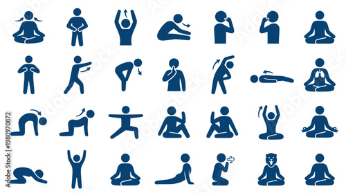Collection of blue yoga and meditation icons representing various poses and wellness activities for health and fitness concepts