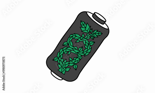 Flat Vector Illustration of a Dark Grey Battery with an Infinity Symbol Made of Green Geometric Leaves Representing Sustainable Energy Storage and Eco-Friendly Power Solutions