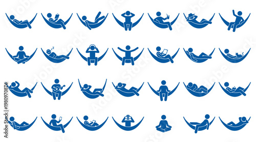 Collection of blue stick figure icons depicting people relaxing in hammocks engaged in various leisure activities like reading and using devices