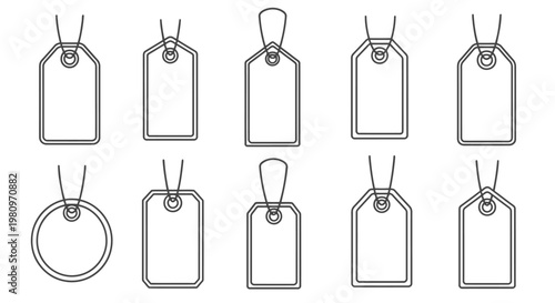 Set of nine blank price tags with strings for retail sale and discount promotions