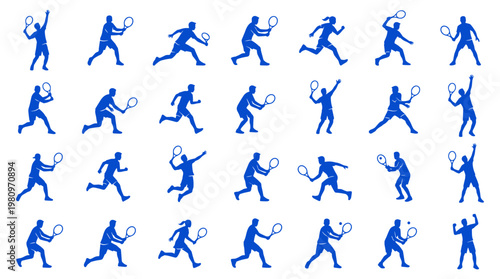 Collection of blue tennis player silhouettes in various action poses on a white background representing the sport of tennis and athletic movement