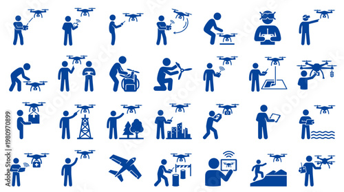 Drone Technology and Applications Collection of Iconography Showing Various Uses of Unmanned Aerial Vehicles in Different Scenarios