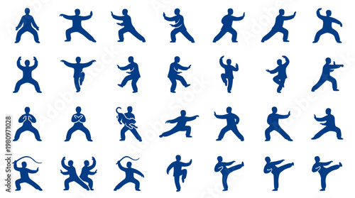 Collection of Martial Arts Silhouettes Demonstrating Various Combat Poses and Movements for Sports and Wellness Concepts
