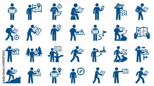 Collection of blue icons representing people navigating with maps and compasses, illustrating travel and exploration concepts