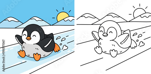 Cute cartoon penguin sliding on ice belly, happy baby animal playing in winter snow with mountains