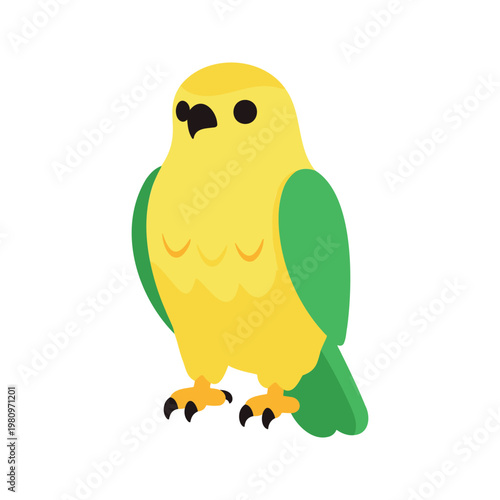 Tropical parrot with bright yellow plumage and green wing feathers stands alert