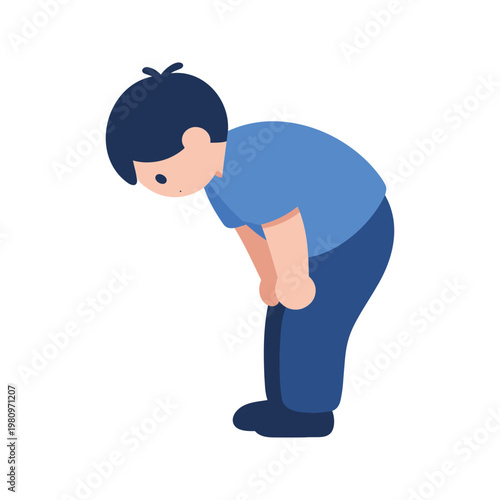 Cartoon man with head bowed and hands on knees appears to be in pain or tired