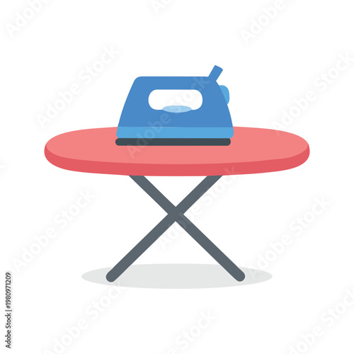 Illustration of a blue iron sitting on a red ironing board against a white background