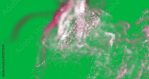 Animation of pink smoke trail with particles flowing on white background