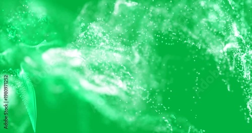 Animation of green smoke trail with particles flowing on white background