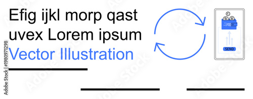 Data transfer, synchronization, technology, digital communication, process systems, automation workflow. Circular arrows and screen with data. Data transfer and synchronization conceptual theme