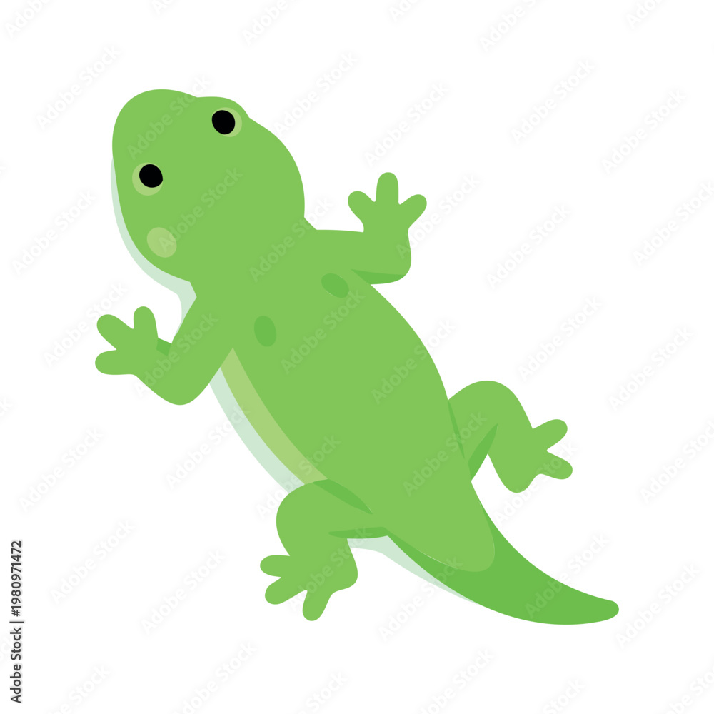 Fototapeta premium Flat illustration shows a bright green lizard with no visible scales, as it is viewed from above and casts a shadow.