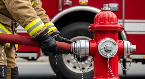 Firefighter connecting a fire hose to a red fire hydrant in front of a fire truck