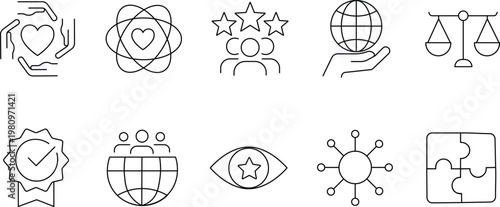Corporate core values line icon set, 10 business ethics and mission symbols, minimalist company culture and social responsibility vector elements