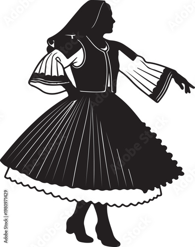 Silhouette of a woman in a traditional 1800s Romanian folk dress, featuring a head covering, layered sleeves, and a full pleated skirt.