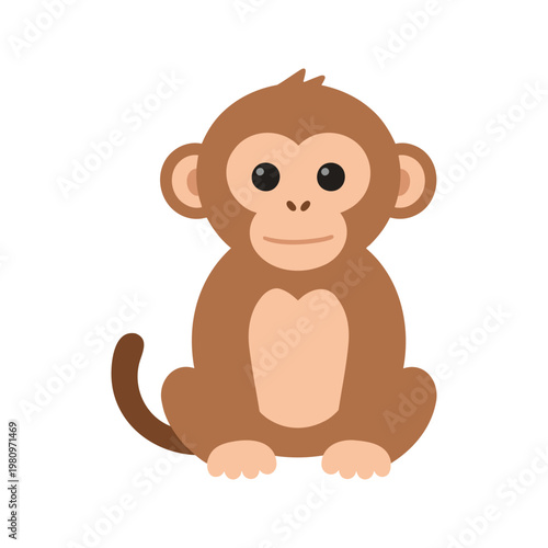 The monkey sits upright with its tail curved to the left and it has a peach stomach, face, inner ears and toes.