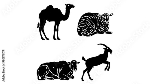 Set of Silhouette camel,cow,goat and sheep, PNG transparent background, 