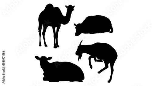 Set of Silhouette camel,cow,goat and sheep, PNG transparent background, 