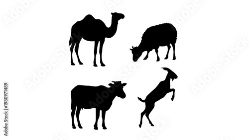 Set of Silhouette camel,cow,goat and sheep, PNG transparent background, 