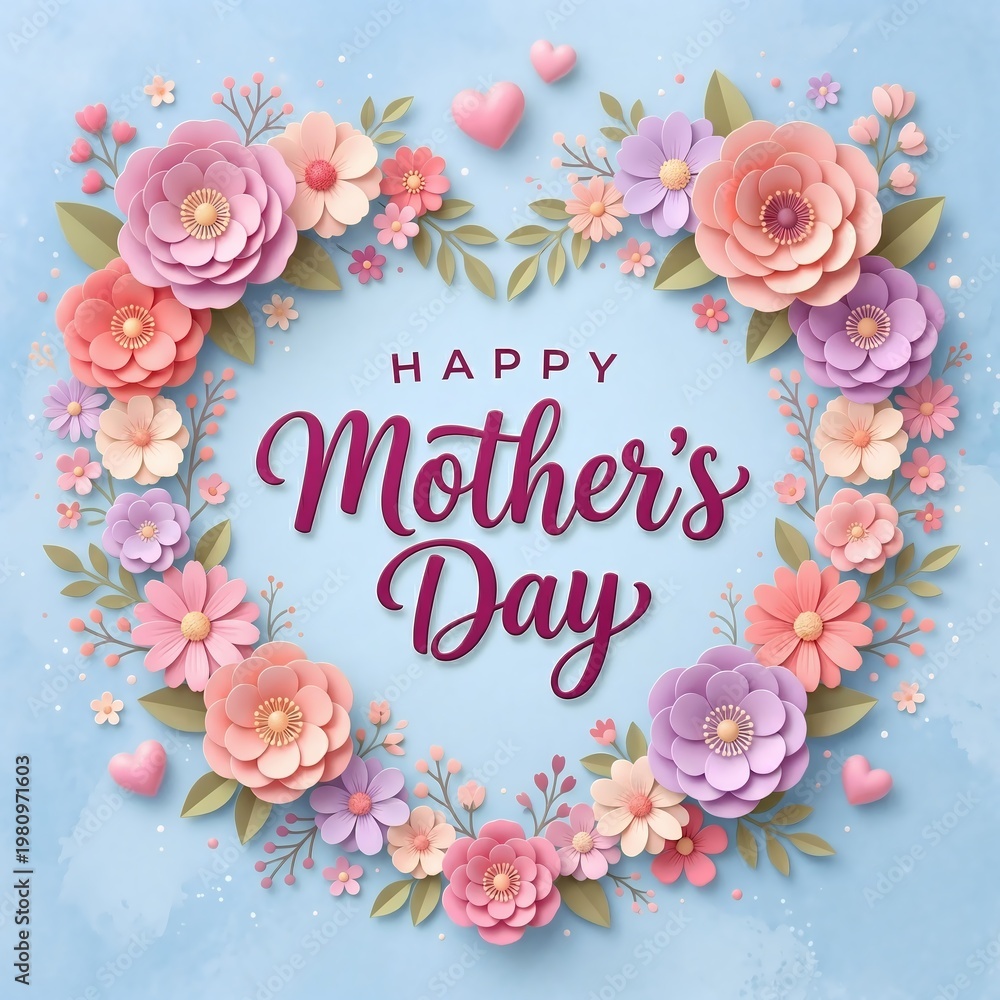 © Cealv - A vibrant 3d paper cut floral heart frames 'happy mother's day' lettering, expressing love on a soft blue background. Typography / Calligraphy text