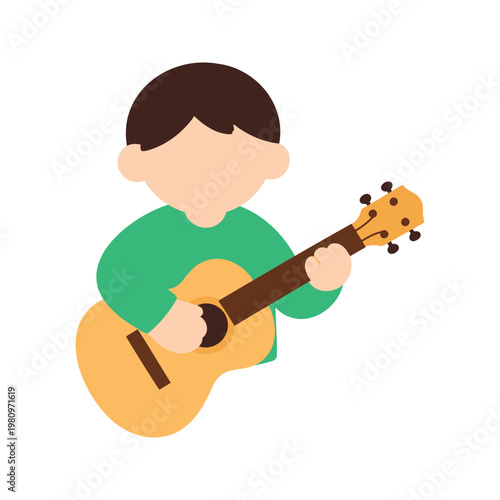 A child with brown hair and a green shirt plays a yellow acoustic guitar in this cartoon style vector illustration, which includes tuning pegs.