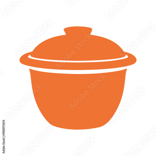 The vector illustration shows a simple orange earthenware pot with a lid, often used for cooking or serving food at the table.