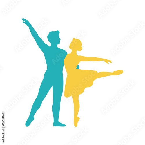 A male and female ballet dancer appear as silhouettes in shades of blue and yellow against a white background, dancing together in unison.