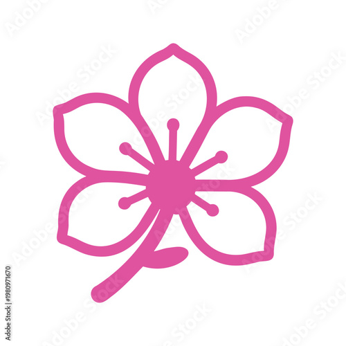 The outlined drawing of a cherry blossom with a stem is set against a white background and has a simplistic and playful design.