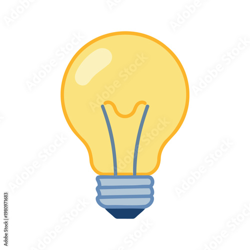 A yellow light bulb is displayed with blue accents for the stem and is situated on a white backdrop in this image.